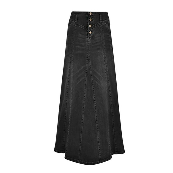 Aocisk Women's Retro Button Fly Packaged A-line Maxi Long Denim Skirt High Waisted Jean Skirt Wash Black M