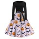 thumbnail image 1 of Vestido vintage de Halloween para mujer, vestido de fiesta con estampado de murciélago y calabaza de manga larga, corte en A y cinturón, 1 of 3