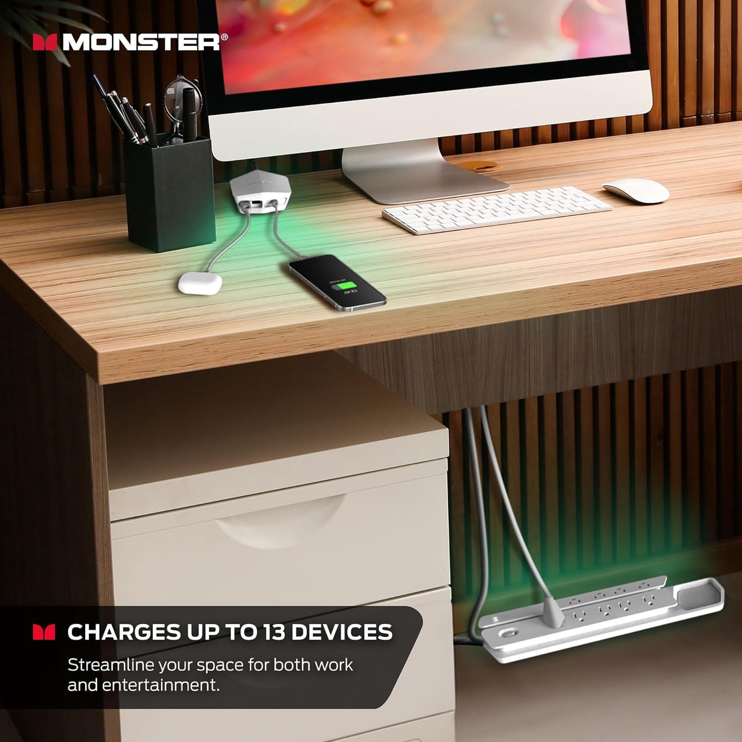 Monster Power Center Vertex XL: Surge Protector Power Strip, 10 AC Outlets, 2 USB-A, 1 USB-C (20W)