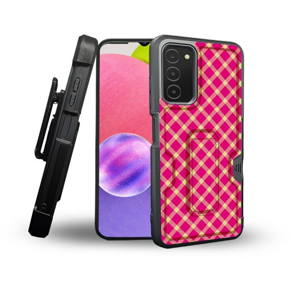 ANJ  Rugged Shockproof Holster Case Card Slot Kickstand   Tempered Glass Cover for Samsung Galaxy A03s - Hot Pink Plaid