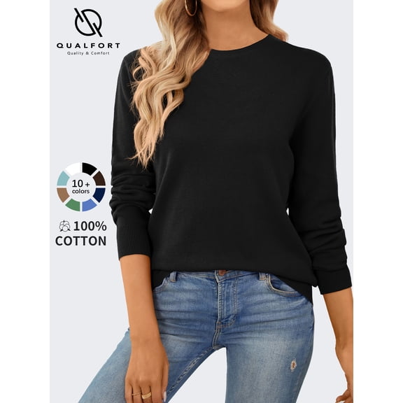 QUALFORT Women’s 100% Cotton Pullover Sweater, Crew Neck Long Sleeve Lightweight Sweater for Women, Soft Classic Knit Top, Black M