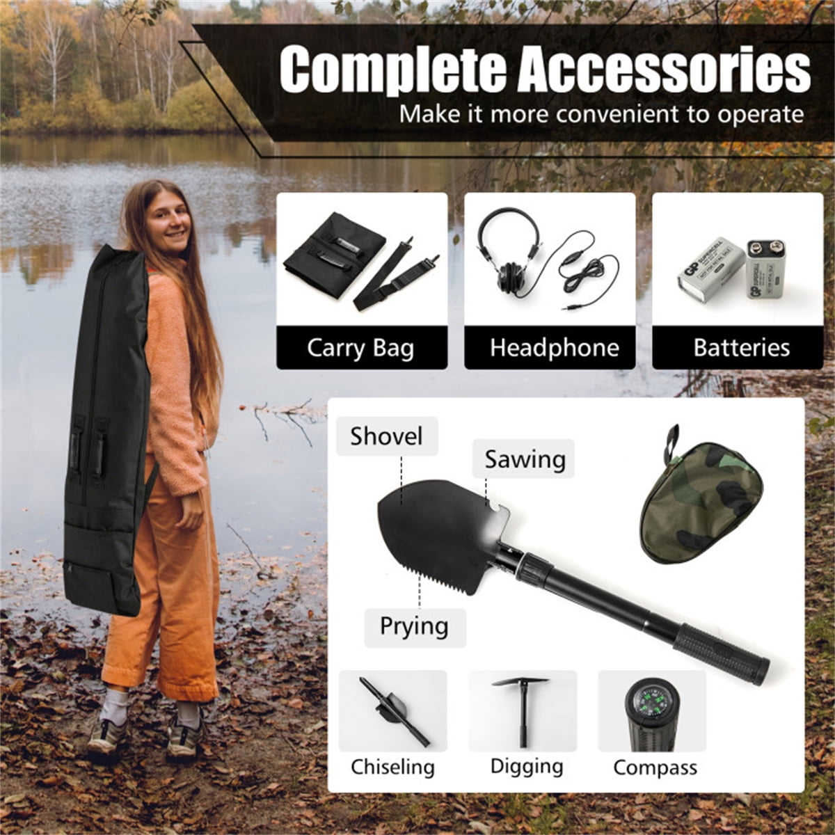 Metal Detector Black IP67 Waterproof Search Coil 4Modes 10In Depth DSP Chip LCD Display Adjustable 44.5In Beach Outdoor Adventure Adults Teens Shovel Headphones Carry Bag Batteries Gold Coins Relics