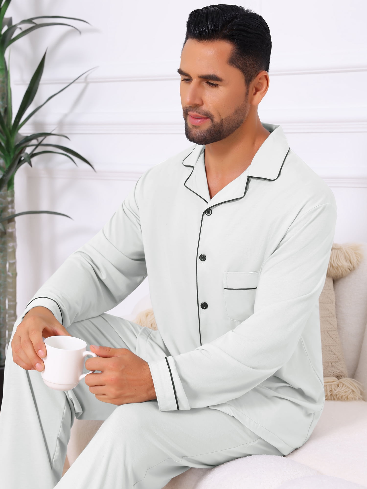DARING DIVA Men's 2-Piece Long Sleeve Solid Color Button Down Pajamas Set S White Gray