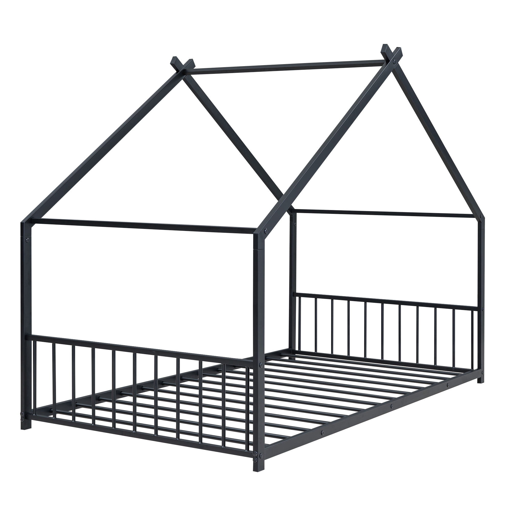 PORKISS Twin Size Floor Bed Frame, Metal Montessori Floor Bed with House Bed Featuring Roof, Modern Twin Platform Bed for Kids Boys Girls, No Box Spring Needed, Black