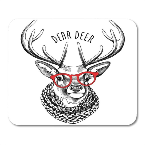 POGLIP Black Reindeer Deer Portrait in Glasses Red Accessory Antler Mousepad Mouse Pad Mouse Mat 9x10 inch