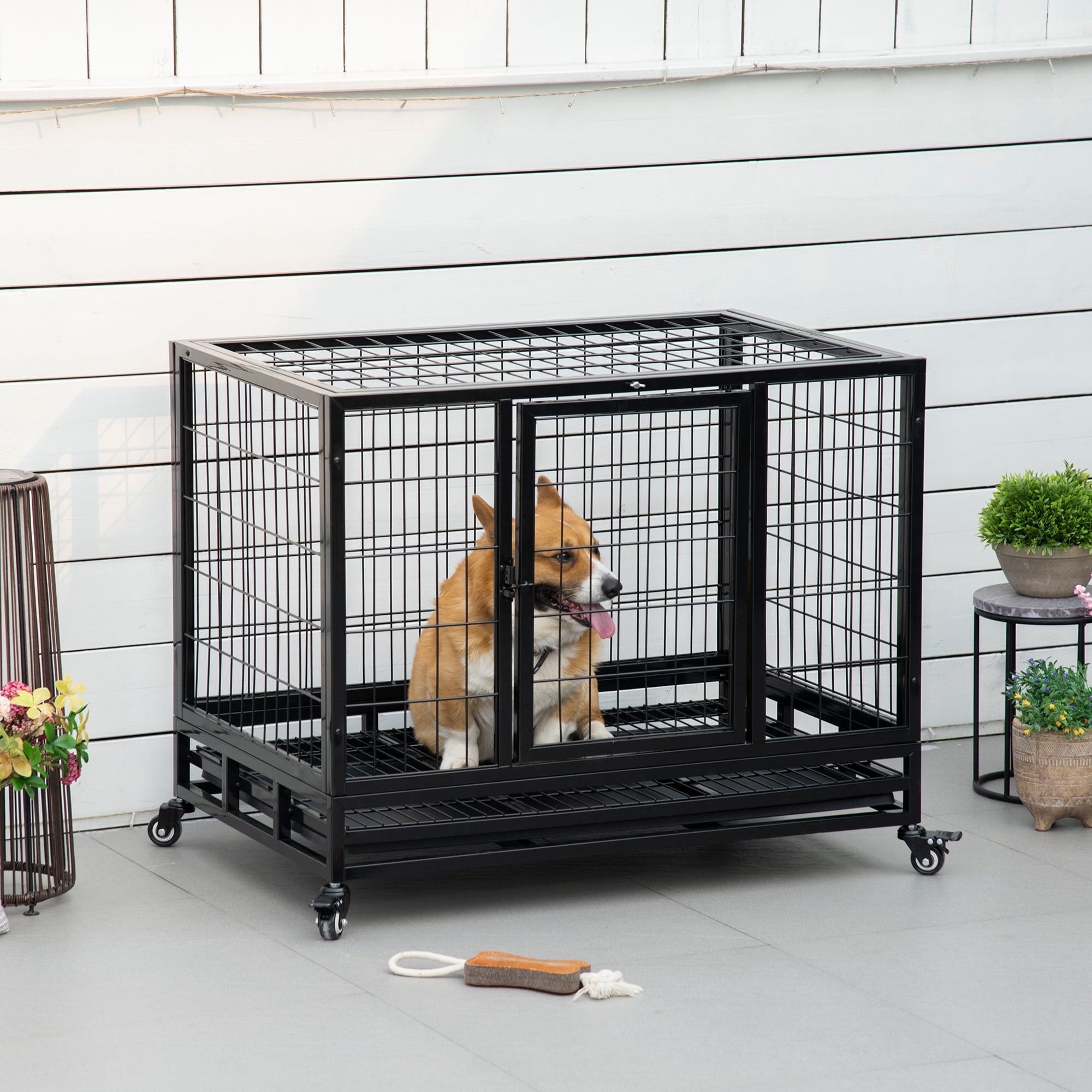 PawHut 36" Heavy Duty Dog Crate, Indestructible Dog Cage Kennel with Removable Tray, Lockable Wheels and 2 Doors, Black
