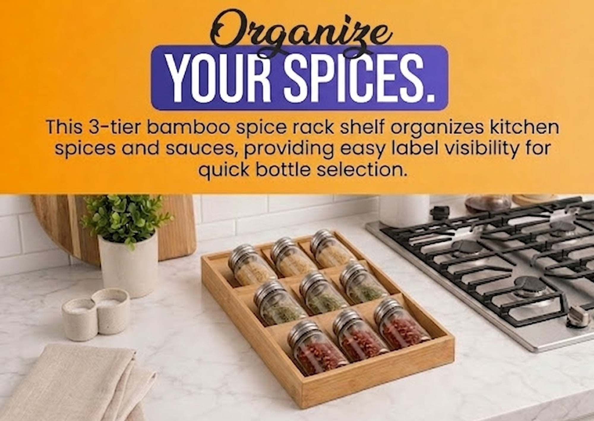 YBM Home Organizer Tray for Cabinet and Kitchen Drawers, Brown, 3 Selves, 8 in. Width