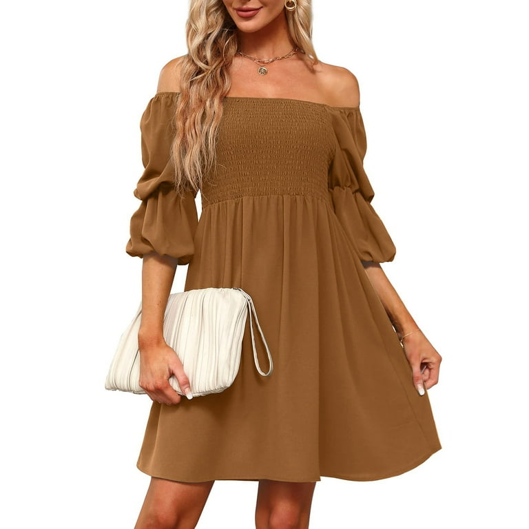 Herrnalise Summer Dresses for Women 2023 Trendy Square Collar Puff Sleeve  Short Tab Sleeve Tie Backless Ruffle A-Line Dress Design Solid Color
