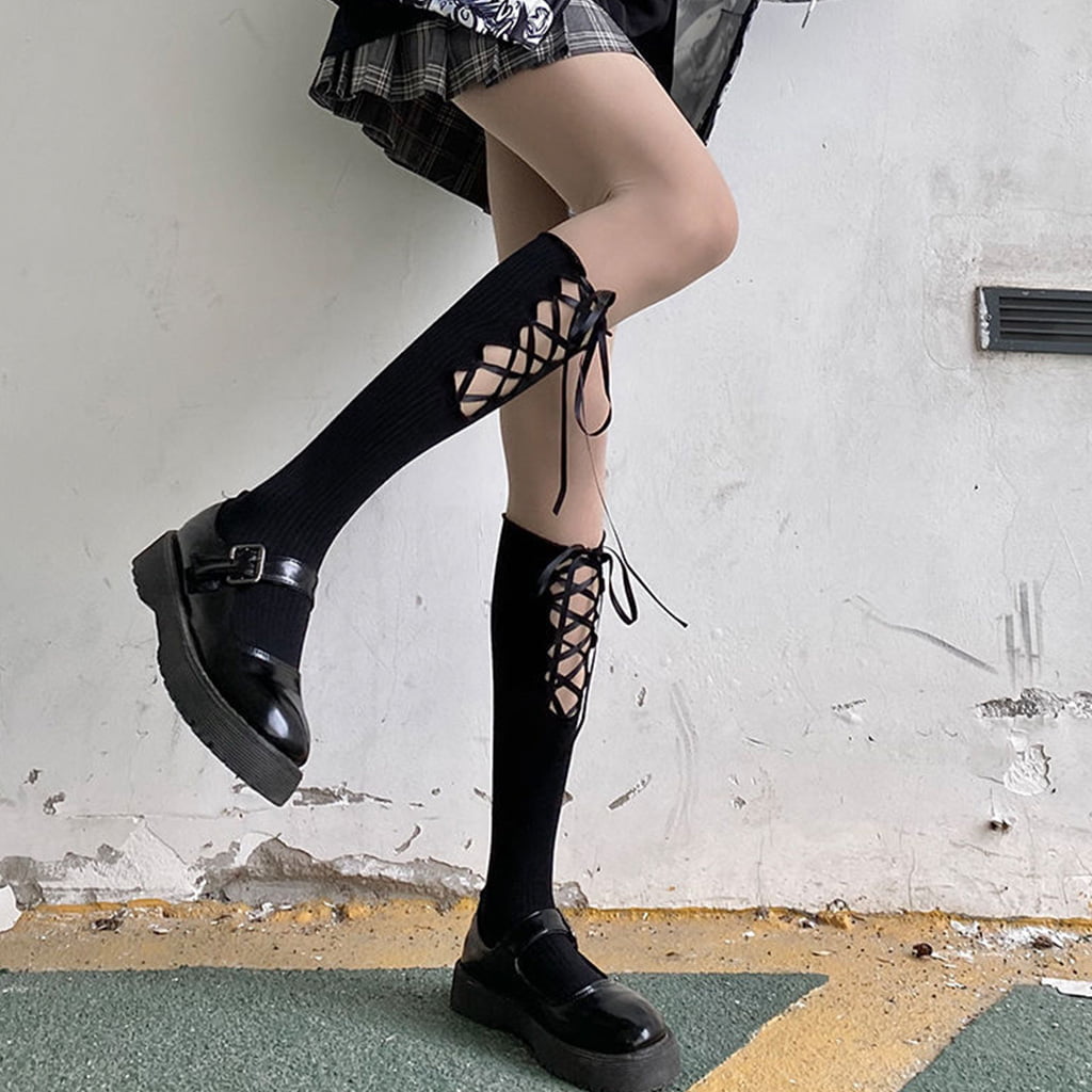 Japanese Women Lolita Ribbed Knee High Socks Preppy Style Kawaii Cutout  Criss-Cross Bandage Bowknot Solid Calf Stockings 