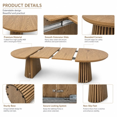 Modern Oval Extendable Wood Coffee Table, Slatted Legs, Multi-Functional Center Table for Living Room or Office, 31.5"–55.12" L, Nature