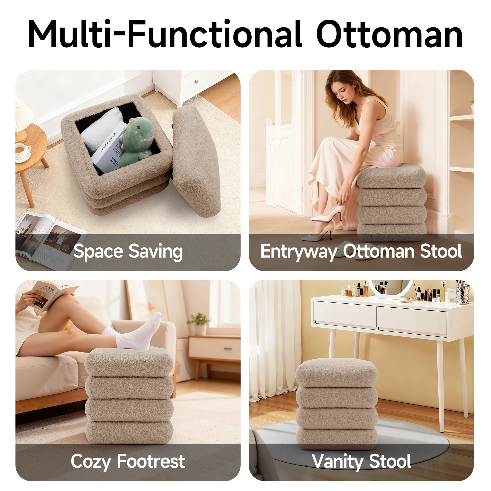 Korser Square Ottoman with Storage Set of 2,Upholstered Teddy Vanity Stool for Living Room,Bedroom,Khaki