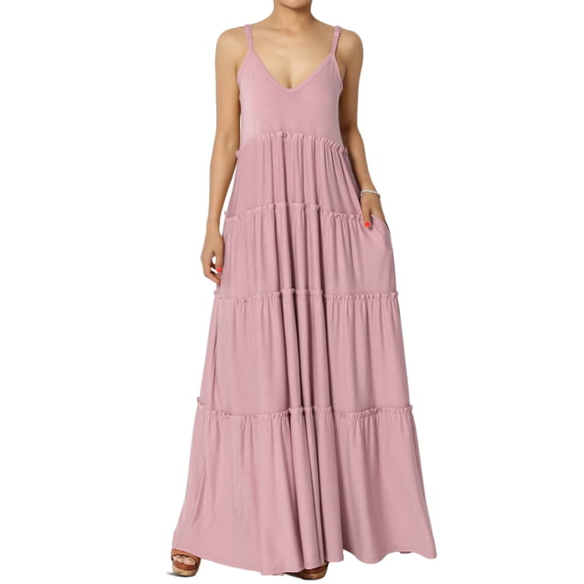 TheMogan Robe Longue Maxi à Volants Superposés Col en V avec Poche Décontractée pour Femmes P-3X