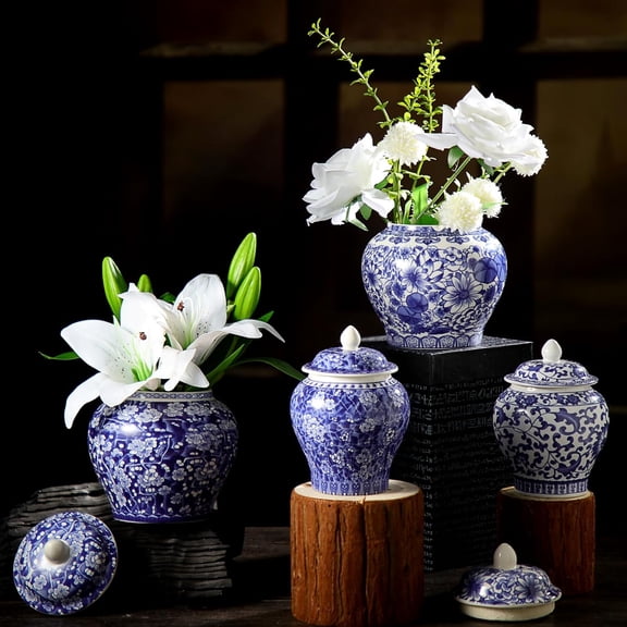 Blue White Ceramic Vase Set - 4 Piece Porcelain Ginger Jars, Decorative Flower Bud Vases with Lids for Home, Shelf, Tabletop Decor