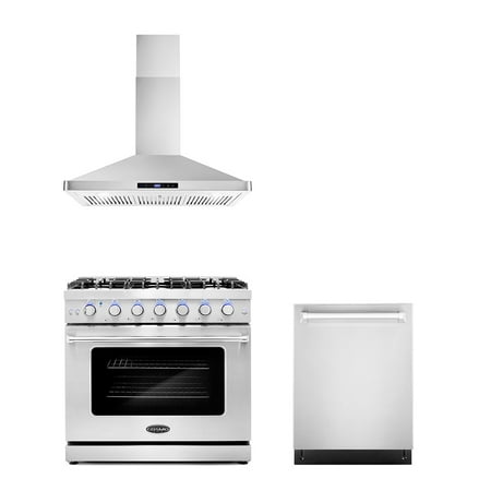 Cosmo 3 Piece Kitchen Appliance Packages with 36  Freestanding Gas Range Kitchen Stove 36  Wall Mount Range Hood & 24  Built-in Fully Integrated Dishwasher Kitchen Appliance Bundles