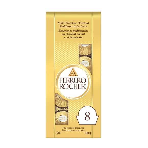 Chocolat fin aux noisettes FERRERO ROCHER® 8 chocolats emballés individuellement, 100g