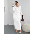thumbnail image 2 of Plus Size Women's White Romantic Elegant Lace Jacquard Long Sleeve Cinched Waist Fishtail Hem Long Dress, 2 of 9