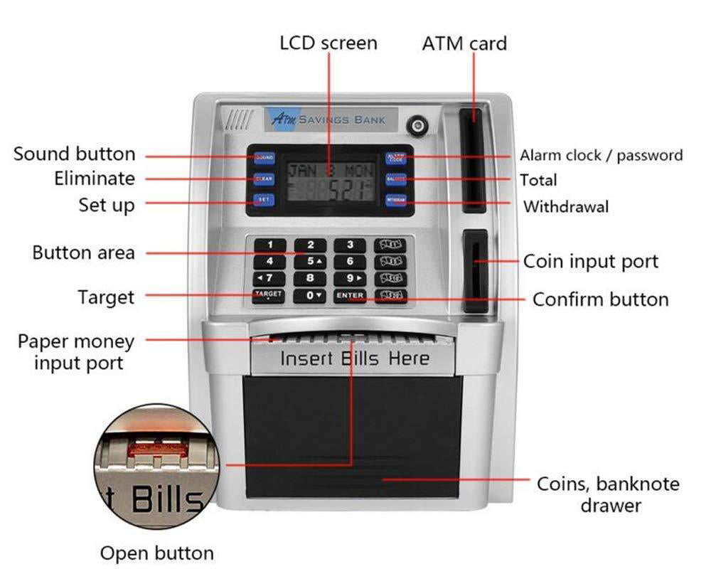 Lyght ATM Savings Bank Electronic Piggy Bank for Real Money Electronic Cash Box with Debit Card Password Login Voice Prompt Coin Recognition Targets Setting Sliver Black 