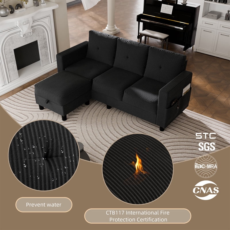 Walsunny 76.4" Convertible Sectional Sofa, L Shaped Sectional Sofa with Side Pocket, 3 Seat Sofa Couch with Storage Ottoman for Small Living Room, Apartment, Bedroom, Black