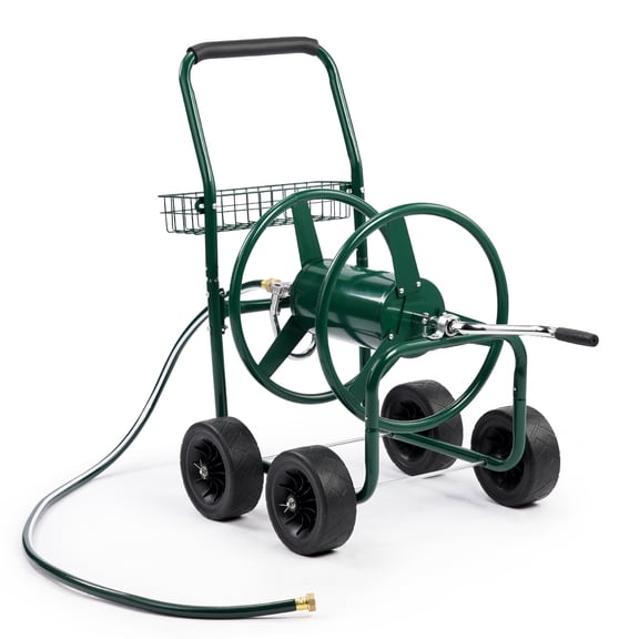 Ktaxon 250FT Garden Hose Reel Cart, 4-Wheel Mobile Steel Cart with Storage Basket for Yard & Lawn, Green