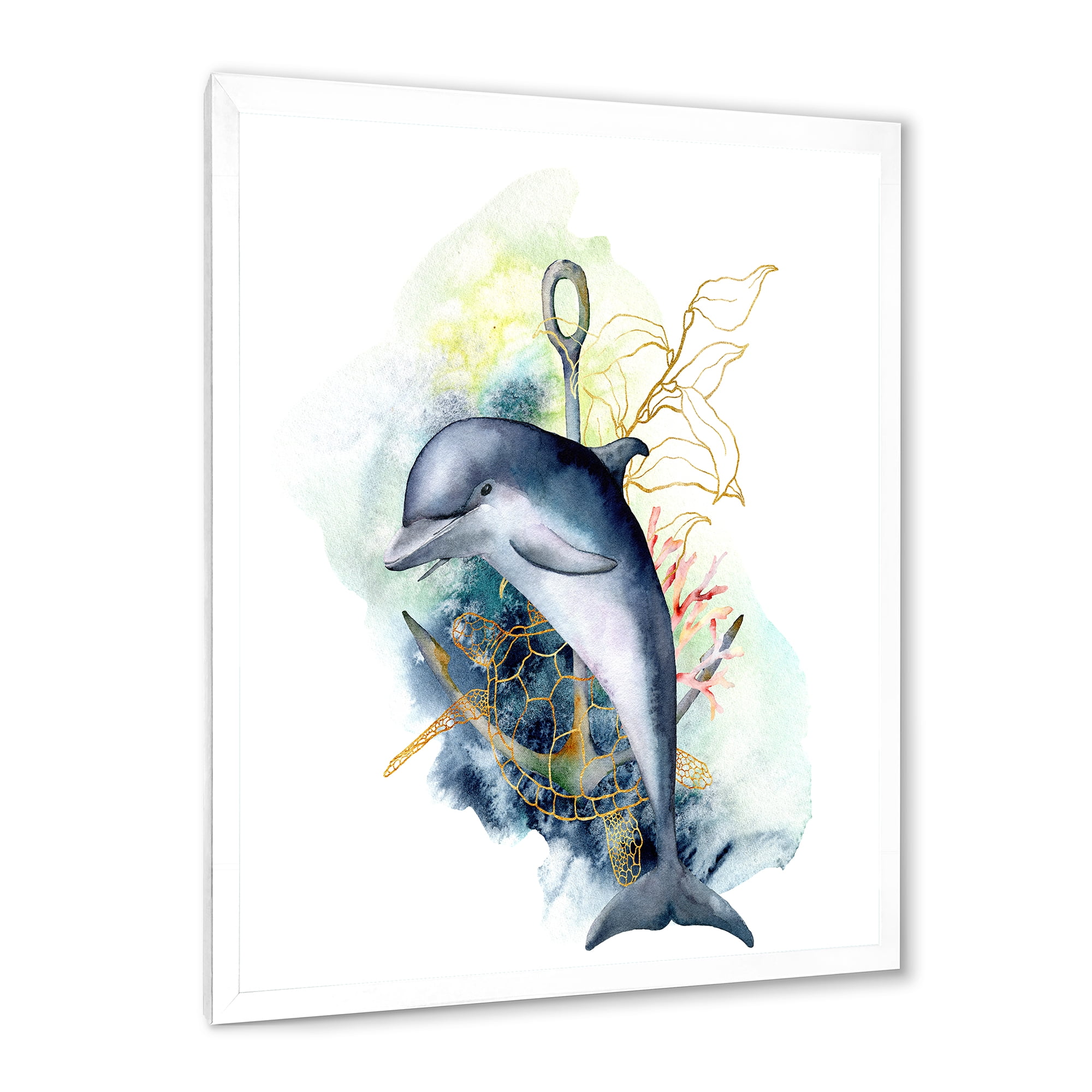 Designart 'Linear Coral Reef Plants and Dolphin Turtle Anchor' Nautical & Coastal Framed Art Print