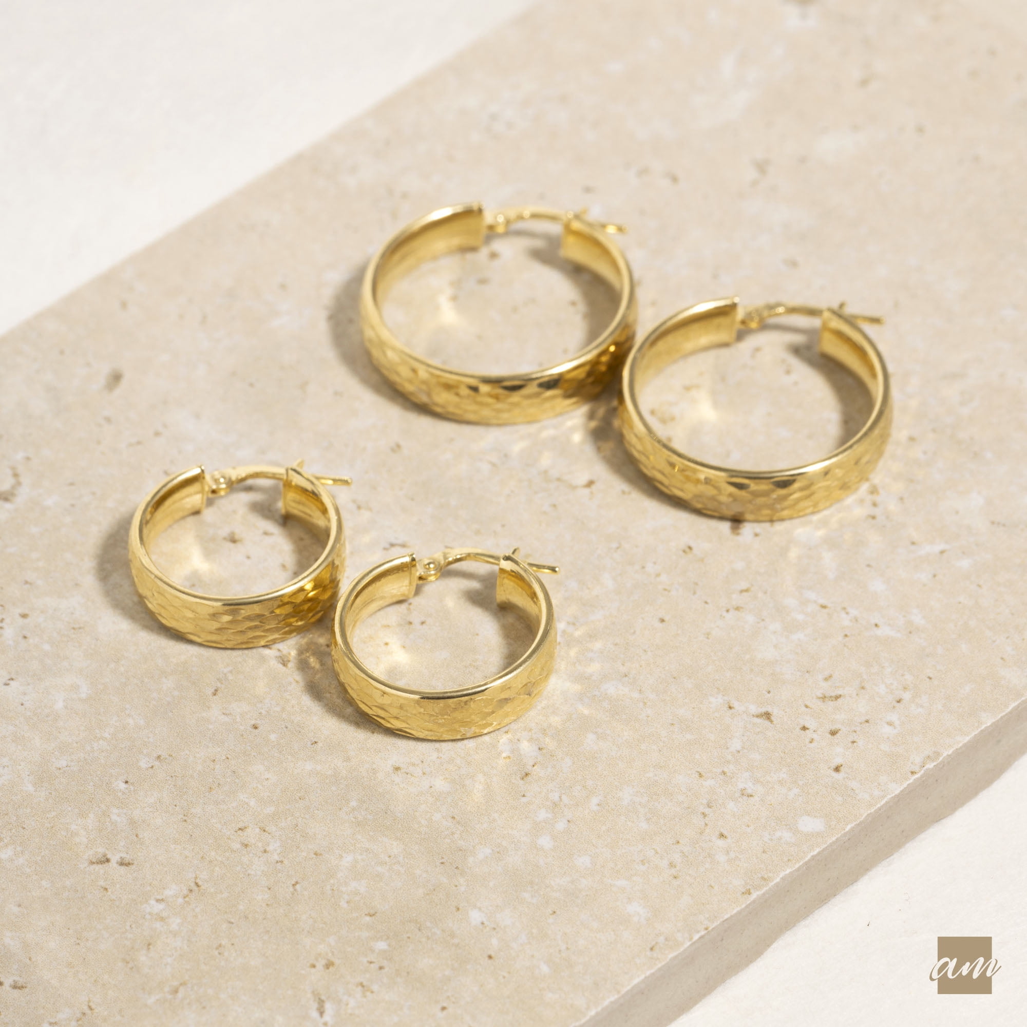 Amberta Women 925 Sterling Silver Chunky Hoop Earrings: Diamond Cut Gold Hoop Earrings 15 mm