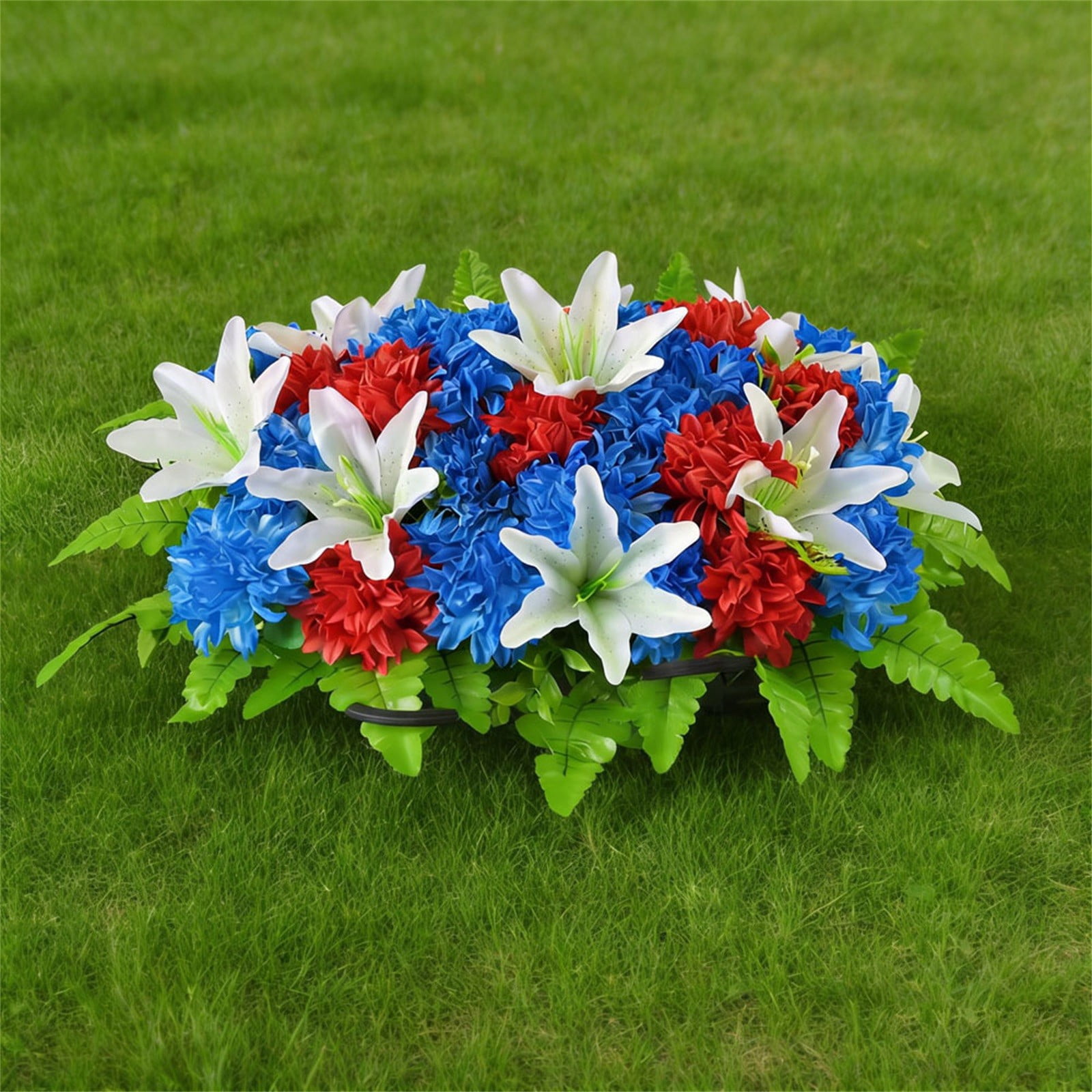 Artificial Cemetery Flowers for Grave, Patriotic Headstone Flower Saddle Realistic Grave Decorations for Cemetery, Memorial Day Flowers with Lily Chrysanthemum for Headstone Cemetery Grave Decor