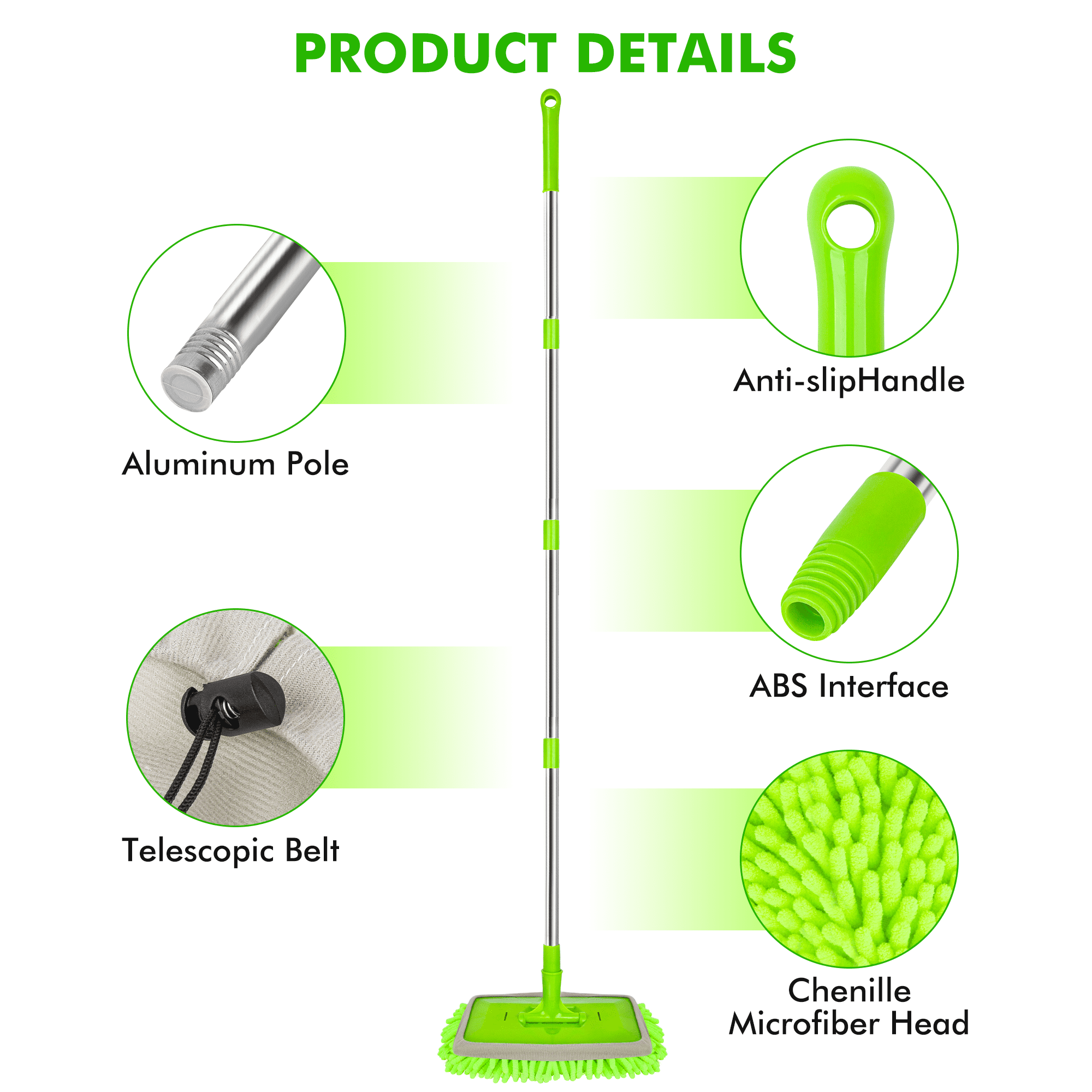 OWNTECH 62" Car Wash Brush & Cleaning Kit - 8-Piece Set with Long Handle Mop, Extra Mop Head, Wheel Brush, Glass Squeegee, Chenille Duster & Wash Mitt for Cars RV Truck Boat(Green)