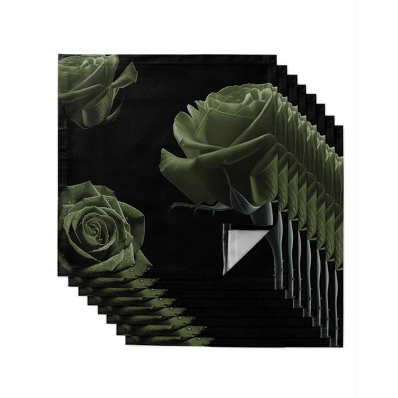 Sage Green Rose Cloth Napkins Set of 8 Reusable Dinner Napkins, Vintage Abstract Garden Flower Floral Black Cocktail Napkin Washable Table Napkins for Wedding/Holiday Party/Baby Shower 20"x20"