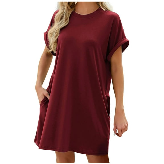 FAIWAD Womens Summer T-Shirt Dress with Pockets Short Sleeve Rolled Loose Round Neck Mini Dresses Tunic Tops