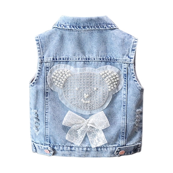 ZACPNCV Girls Denim Vest Cute Bowknot Sleeveless Jean Jacket Casual Lapel Collar Open Front Rhinestone Jean Waistcoat for Kids Spring Fall A-Blue