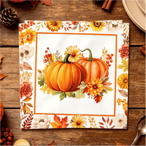 Pumpkin & Fall Floral Party Supplies Kit - 40-Piece Thanksgiving Napkin Decorations, Perfect for Thanksgiving Dinner, Birthday Parties, Halloween Gatherings