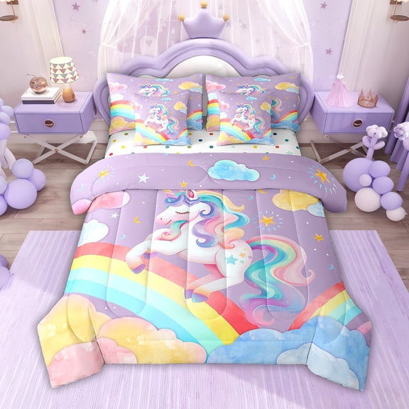Manfei Teens Unicorn Bedding Sets Twin Size, Rainbow Galaxy Bed in a Bag Twin size, Cartoon Theme Reversible Comforter Sets with Sheets, Ultra Soft Room Decorative, 7-Piece