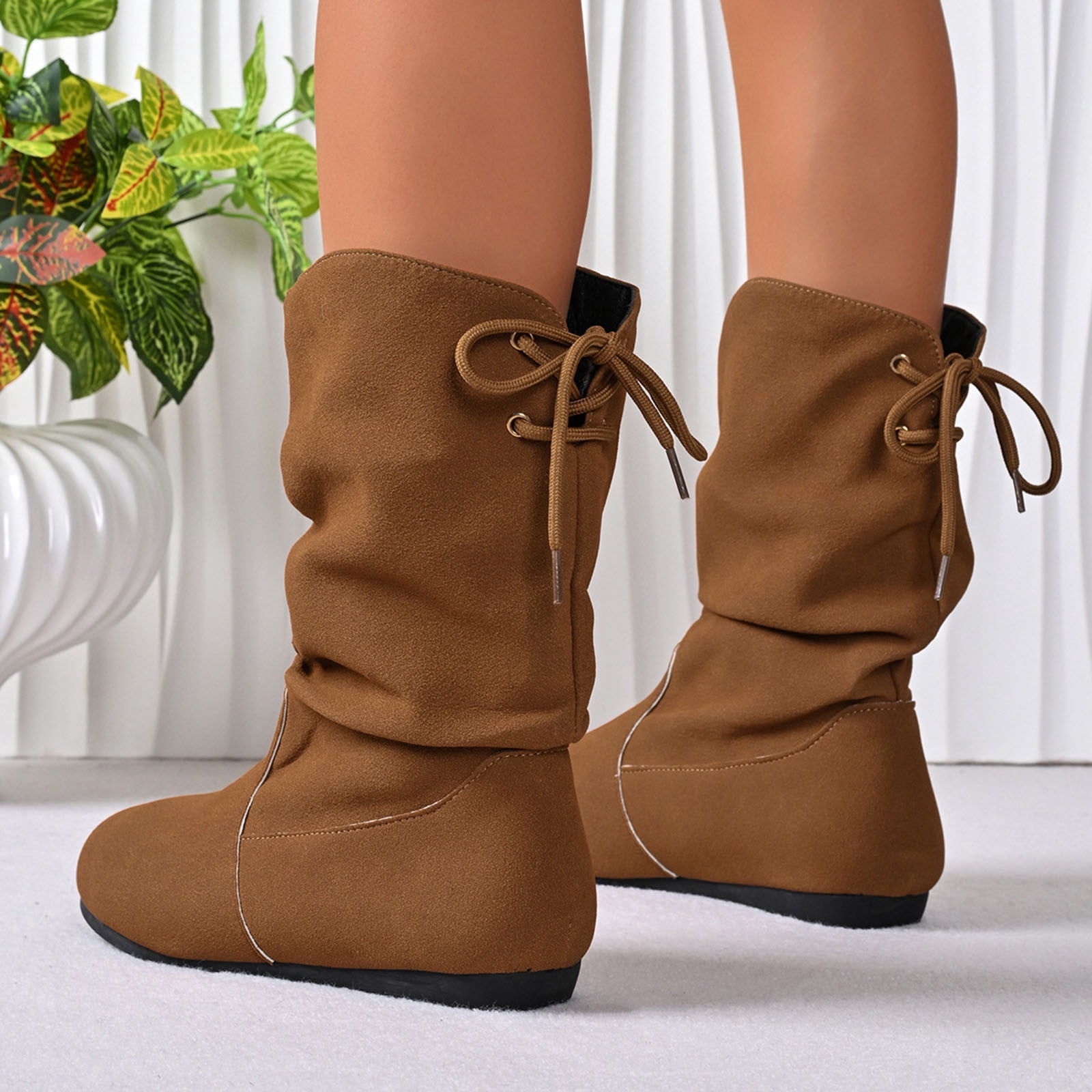 Miluxas Women Mid Calf Boots Wide Calf Slouch Ruched Suede Flats Low Heels Lace up Solid Color Booties Trendy Retro Comfort Non Slip Walking Riding Hiking Shoes Brown 5.5(36)