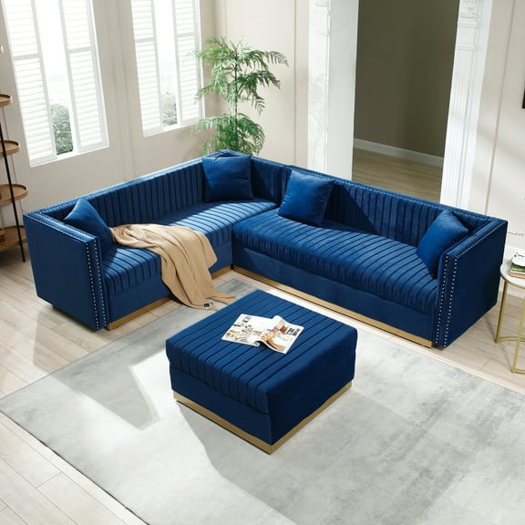 Sumdeal Vintage Glamour Channel Tufted Velvet SectionalSofa,Modern Upholstered 5 Seater Corner Couch with Ottoman and 4 Pillows,Blue,Couch with Ottoman