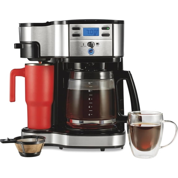 2-Way Programmable Coffee Maker, 12 Cup Glass Carafe And Single Serve Coffee Maker, Black with Stainless Steel Accents, 49980RG