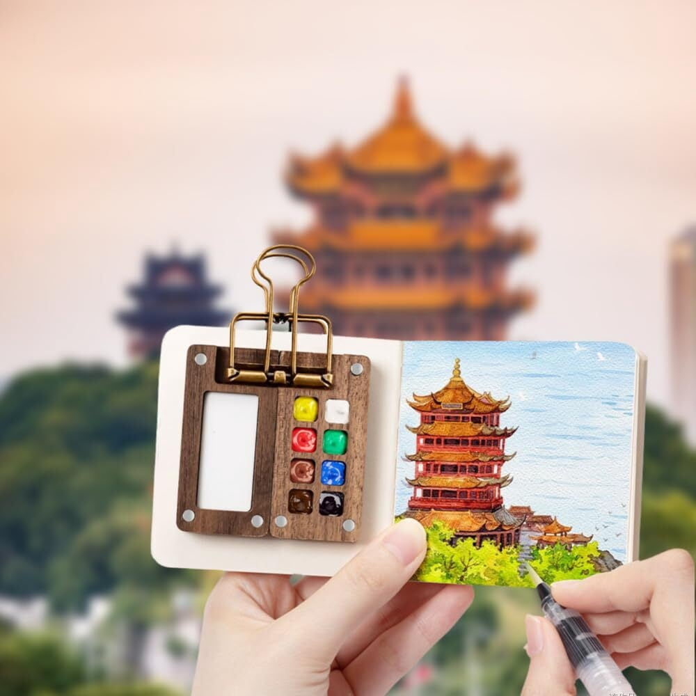 Pocket Artist Watercolor Travel Set, Pocketartist Drawing Board Paint Palette Travel Kit, Mini Portable Watercolor Travel Set Painter's Palette with Brush and Sketchbook (8 Grid)