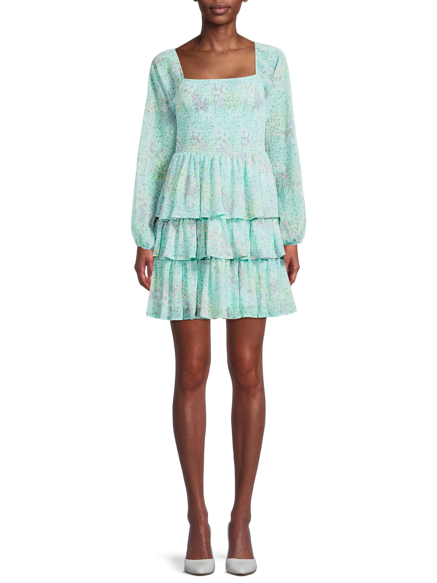 Madden NYC Women's Juniors' Triple Ruffle Smocked Peasant Dress