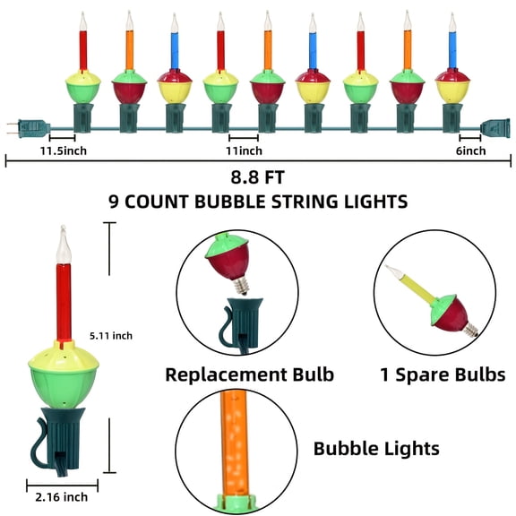 9pcs Christmas Bubble Light Set - 8.8-inch Retro Style, 10 Multi-Color Bubble Bulbs (1 Spare), 5W E12 Base (Green), Suitable for Holiday Christmas Decoration