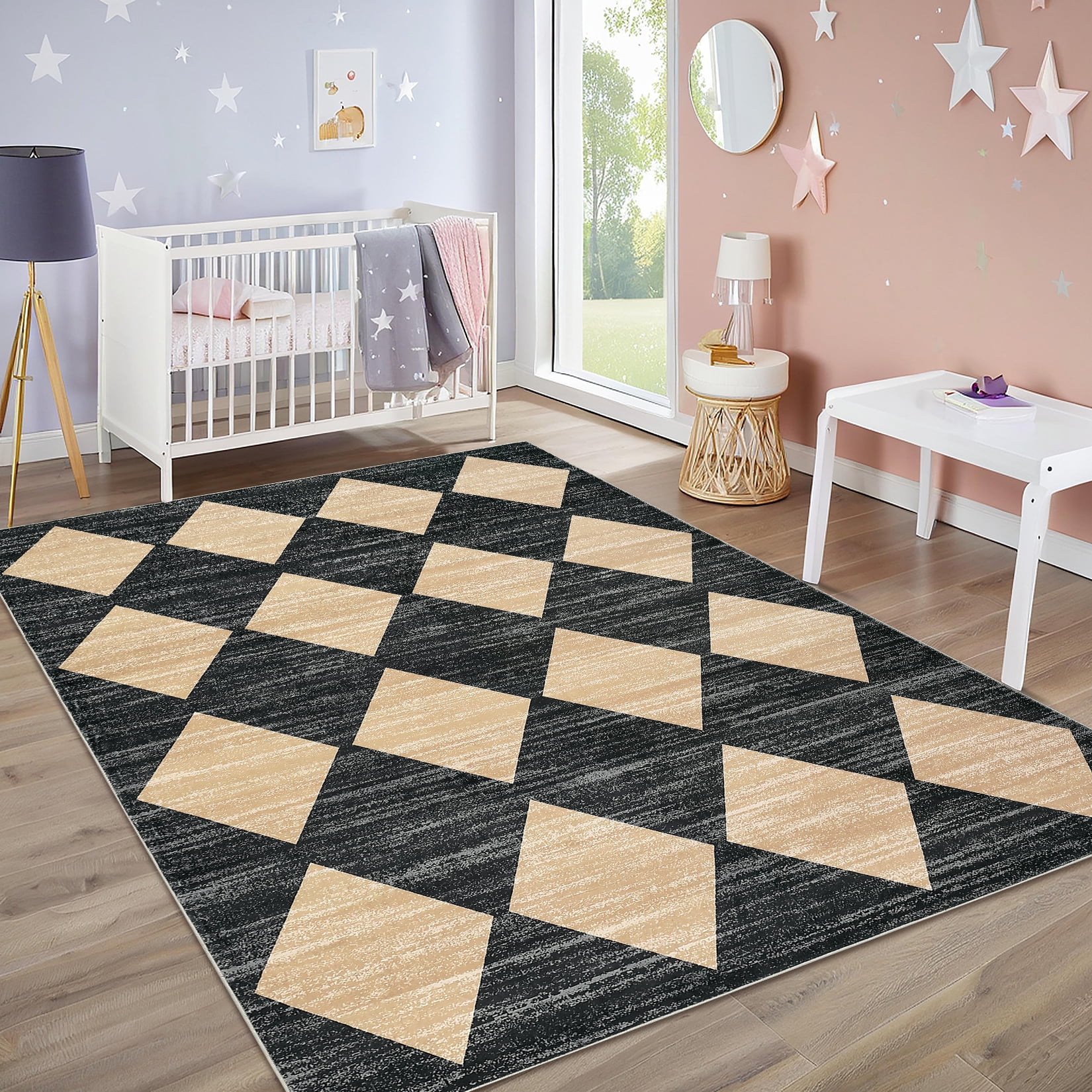 Garvee 8x10ft Geometric Diamond Area Rug, Machine Washable Rug Stain Resistant Indoor Carpet With Non-Slip Backing, Soft Low Pile Rug for Living Room Bedroom Home Office, Black Camel