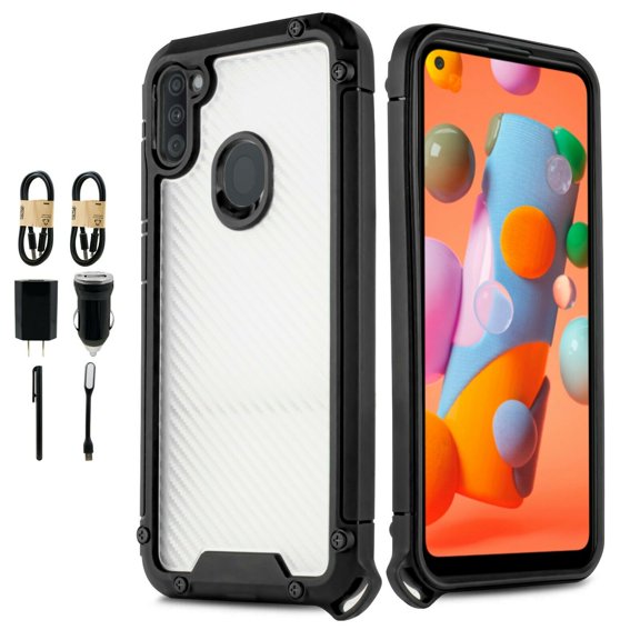 Value Pack and Case for Samsung Galaxy A11 Phone Case Shock Proof Edges Hybrid Hard Back Slim Bumper Cover (Black)