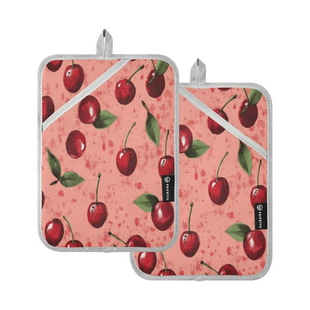

Pot Holders Set of 2 Heat Resistant Potholders for Kitchen Easy Grip Oven Mitts for Microwave Oven Baking Kitchen BBQ Hand Drawn Cherry