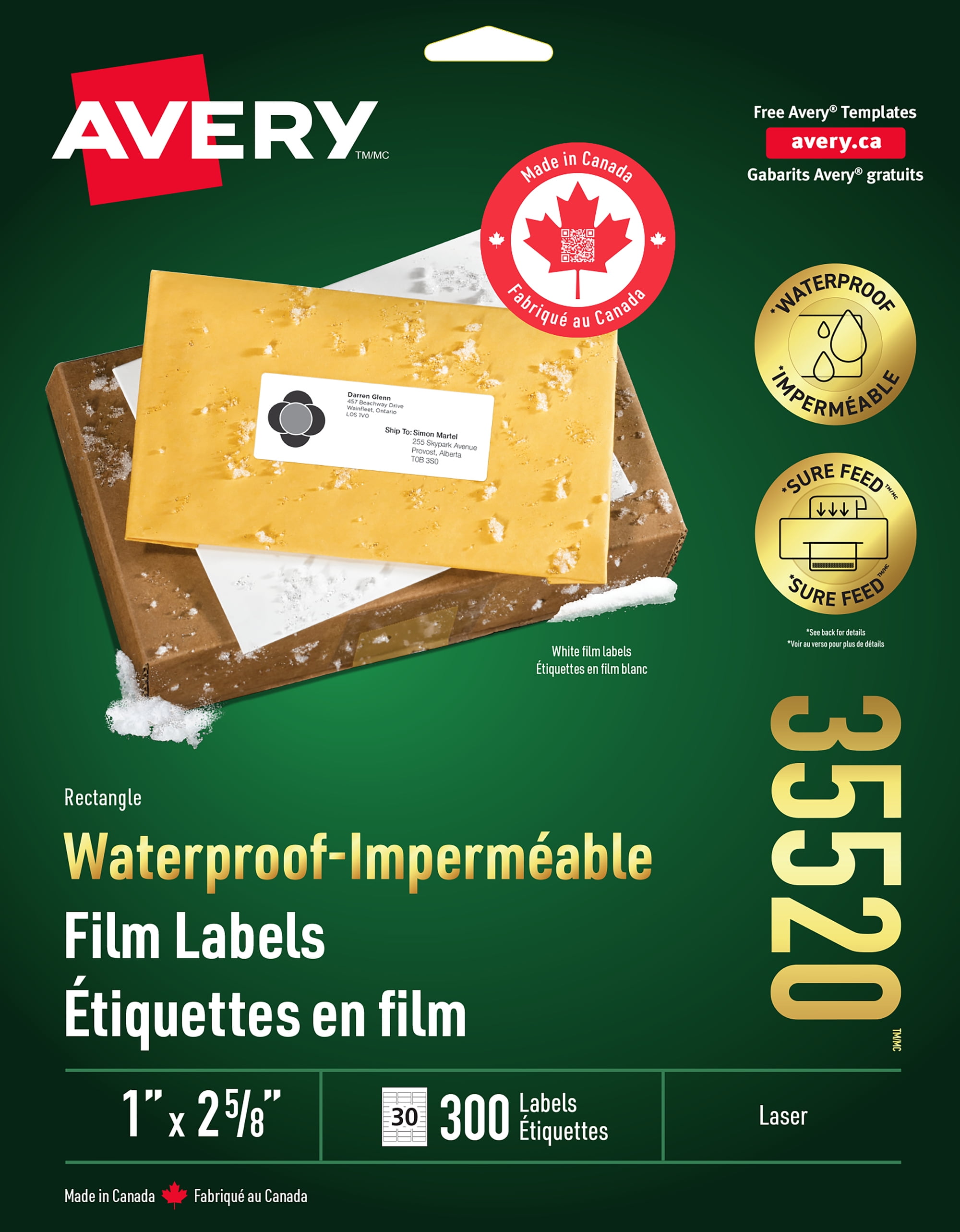 Avery Waterproof Labels, 1" x 2⅝",  for Laser Printers - 35520