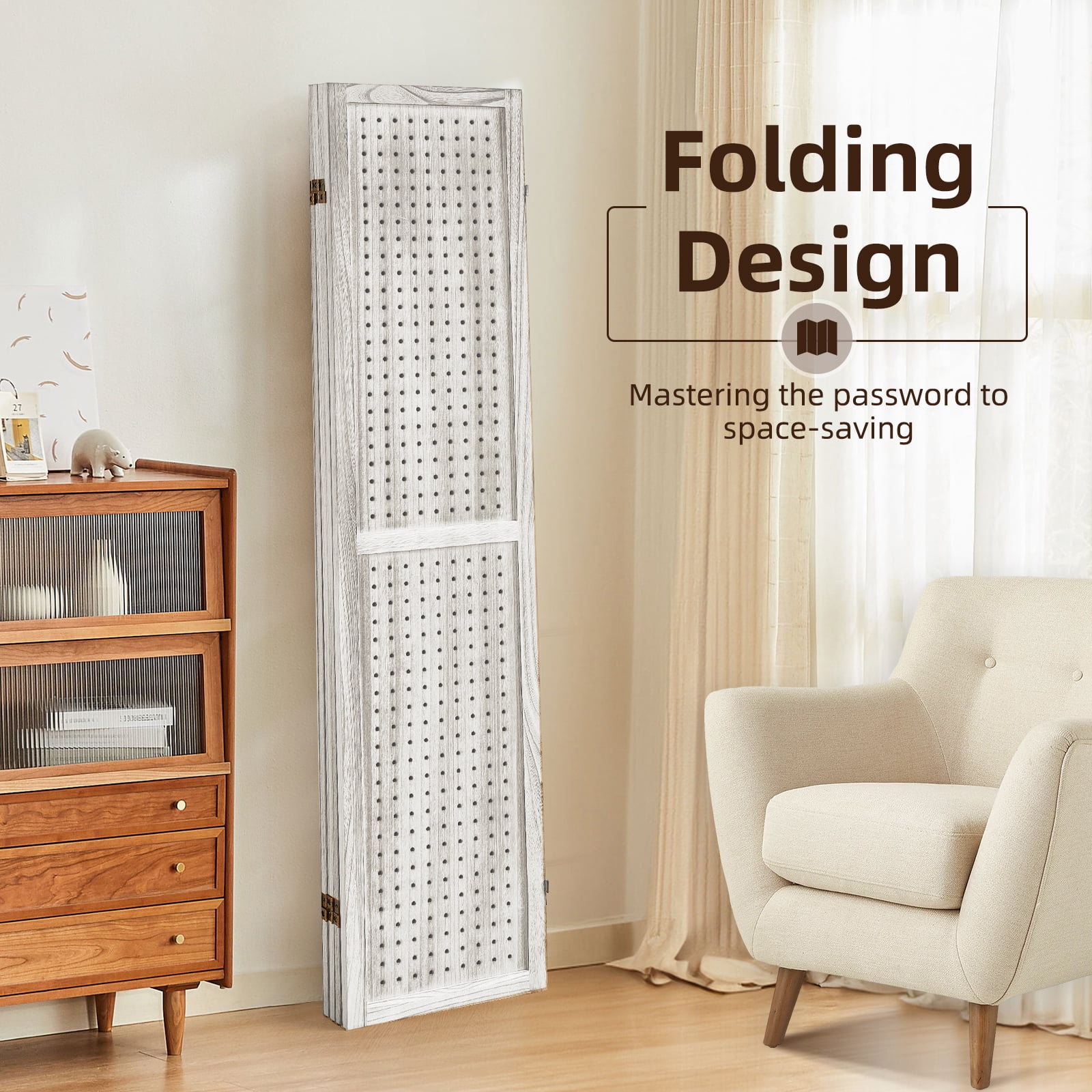 Aletheiawu 4 Panel Display with 16 Hooks, Wood Room Divider Wall, No Installation, Light Brown
