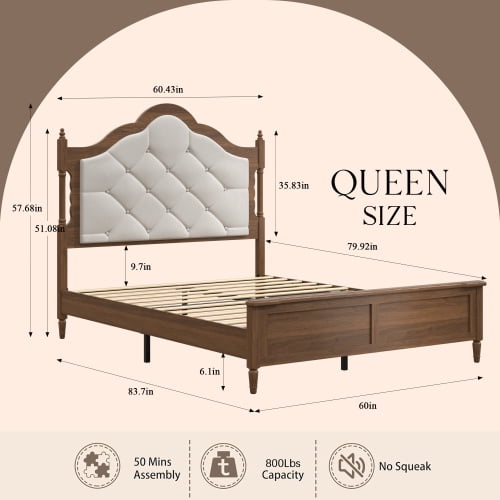 Queen Size Bed Frame with Upholstered Headboard and Panel Footboard, Vintage Mid-Century Farmhouse Style, Brown Wood Platform Bed
