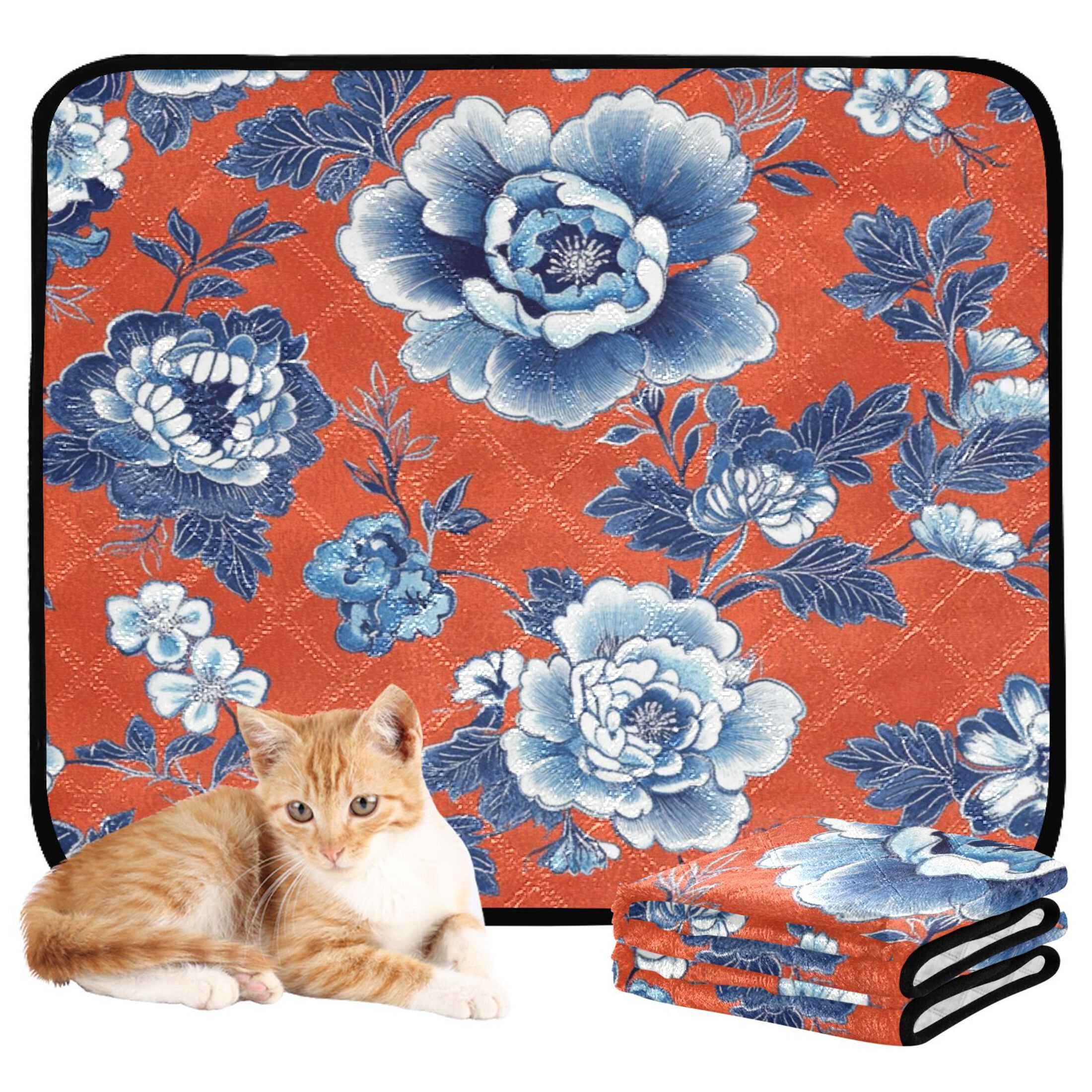 Qxltty Navy Blue Porcelain Flower Pattern Cat litter Pads Pet Set of 2 Diaper Mats Center Anti-leakage Layer Absorbent Soft and Comfortable