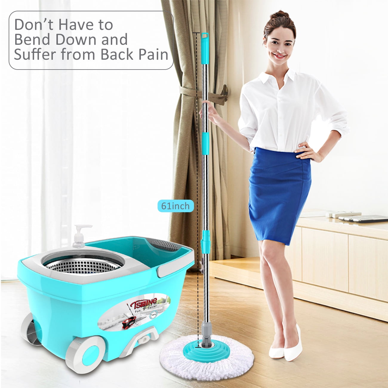 Spin Mop Bucket System Stainless Steel , Tsmine Spinning Mop Bucket Floor Cleaning System with 6 Microfiber Replacement Head Refills,61"Extended Handle, 2x Wheel for Home Cleaning - MINT