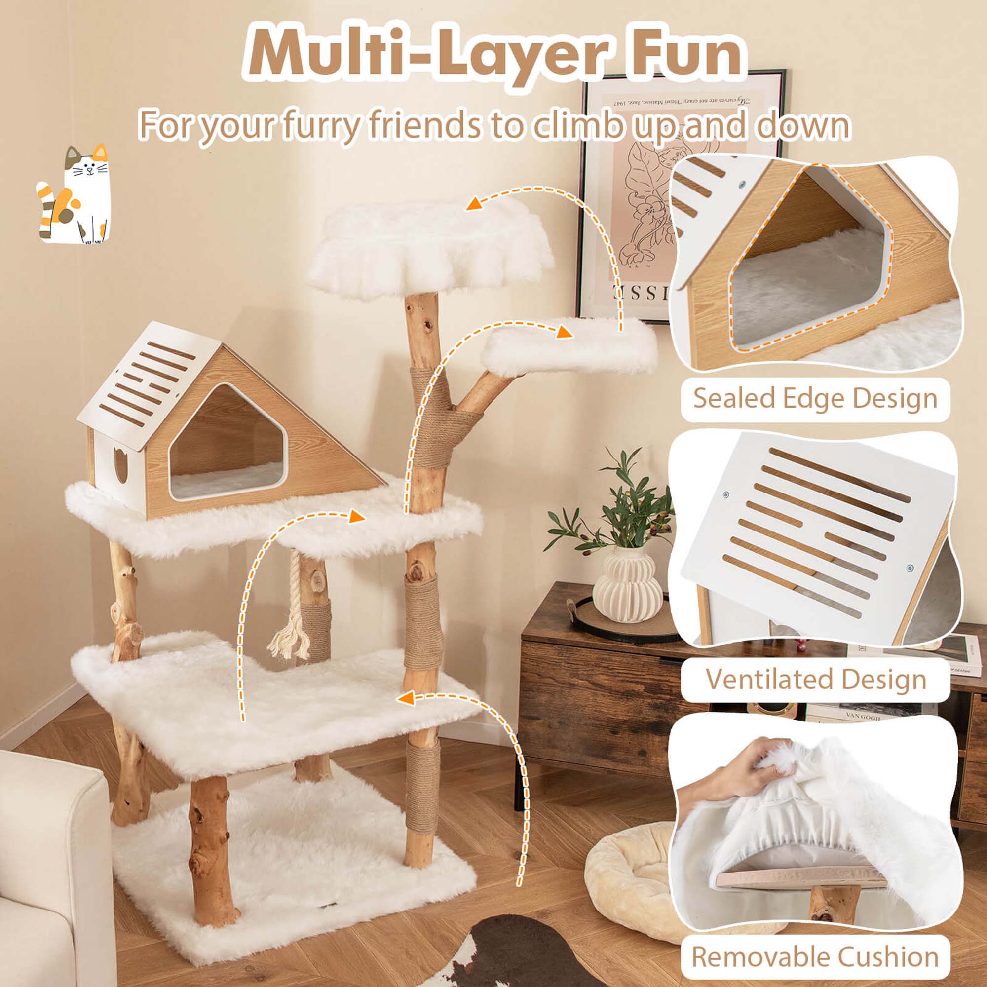 Costway 60" Tall Solid Wood Cat Tree with 2 Perches Condo Jute Scratching Posts Sisal Rope