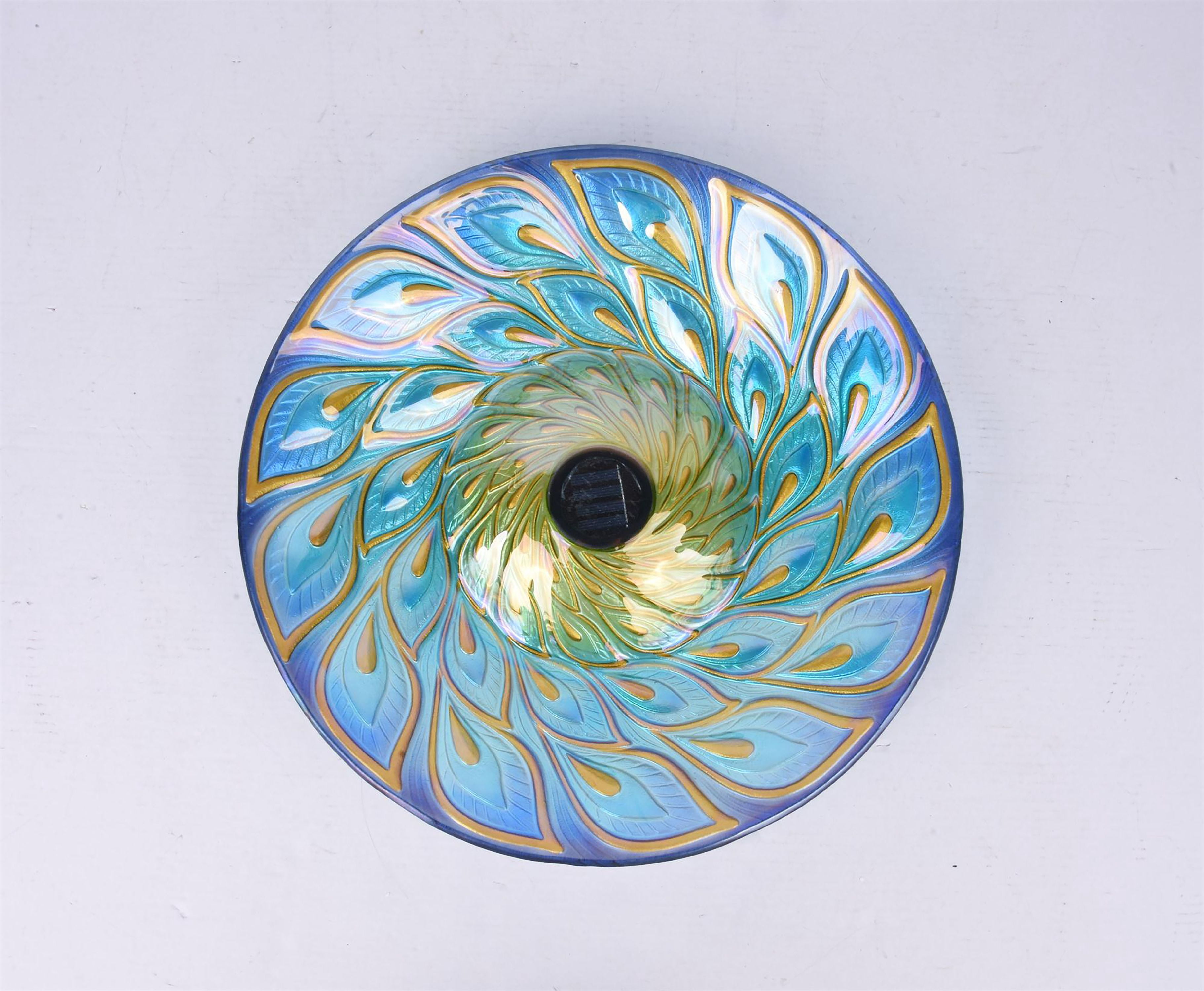 Hi-Line Gift 78415-E Solar Glass Peacock Feathers Bird Bath with Stand