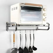 Kitchen Pot and Pan Rack, Wall Mounted Microwave Holder Pot Pan Organizer Iron Storage Shelf with 5 Hooks