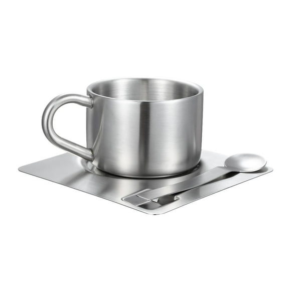 Juego de tazas de café de acero inoxidable, taza de café con platillo, taza de espresso portátil reutilizable, aislada para viajes, oficina, hogar,